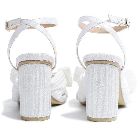🆕Women White Ankle Strap Bowknot Chunky Wedding Party Dress Shoes Heeled Sandal - Picture 4 of 8